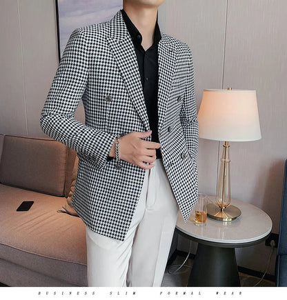 British Style Slim Fit Houndstooth Blazer For Men 2023 Fashion Double Breasted Business Office Wedding Dress Suit Jacket