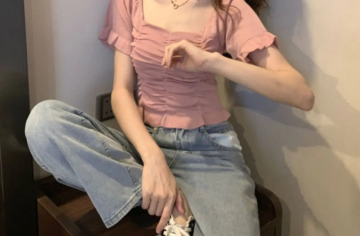 Knitted Fashion Blouse Woman Ruffle Youth Elegant Blouse Summer Crop Top Sexy Slim Fit Shirt Short Sleeve
