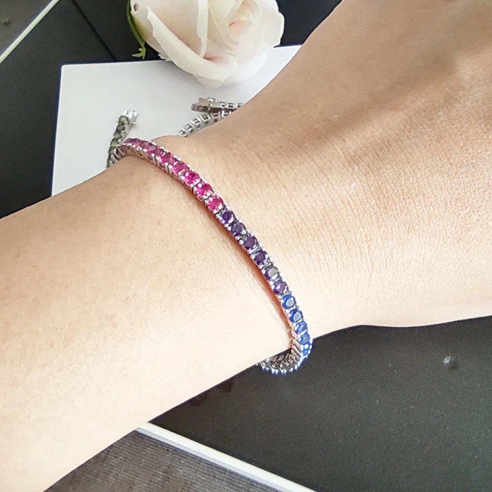 Pure Silver 14-21 cm Tennis Bracelet Pave 3 mm Bling Rainbow Zircon Beautiful Real 925 Jewelry For Women
