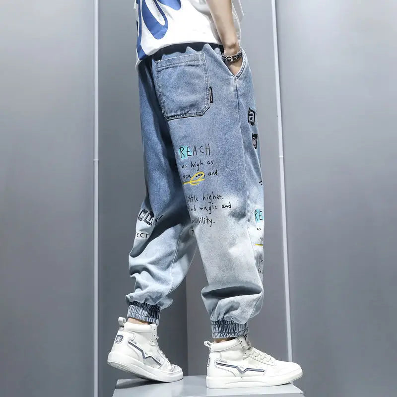 Printing Jeans Men's Gradient Hip Hop Trousers Harem Cartoon Loose Casual Ankle Banded Pants Cargo Denim Jeans Fashion