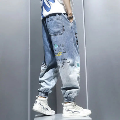 Printing Jeans Men's Gradient Hip Hop Trousers Harem Cartoon Loose Casual Ankle Banded Pants Cargo Denim Jeans Fashion
