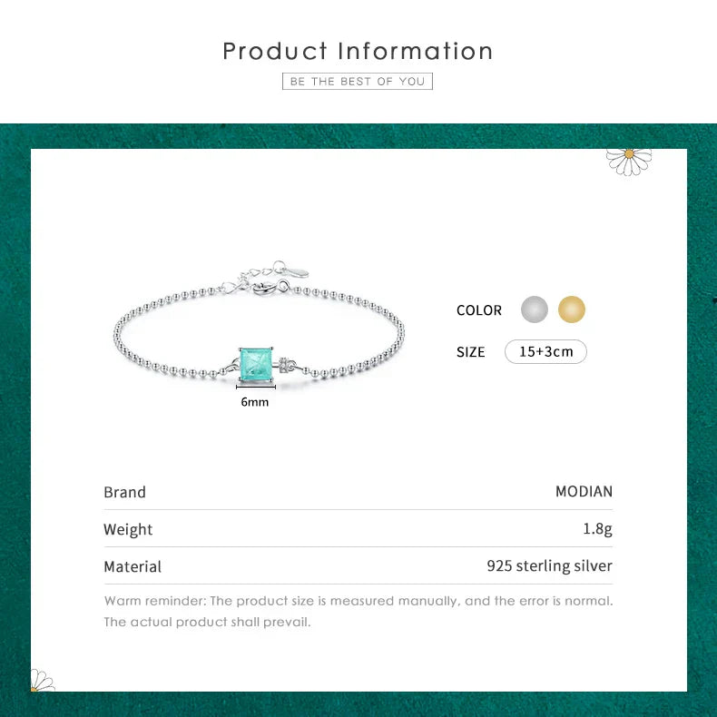 Modian 2021 New Real 925 Sterling Silver Luxury Square Tourmaline Beads Chain Bracelet For Women Paraiba Fine Statement Jewelry
