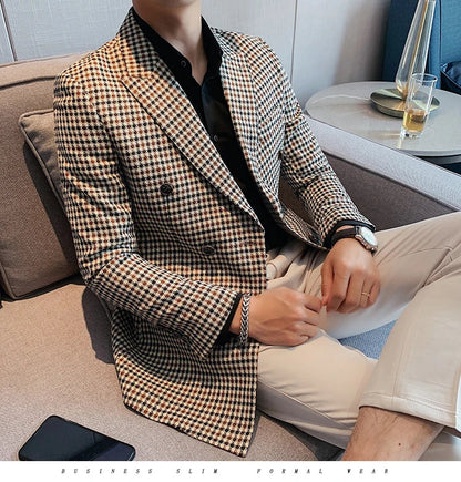 British Style Slim Fit Houndstooth Blazer For Men 2023 Fashion Double Breasted Business Office Wedding Dress Suit Jacket