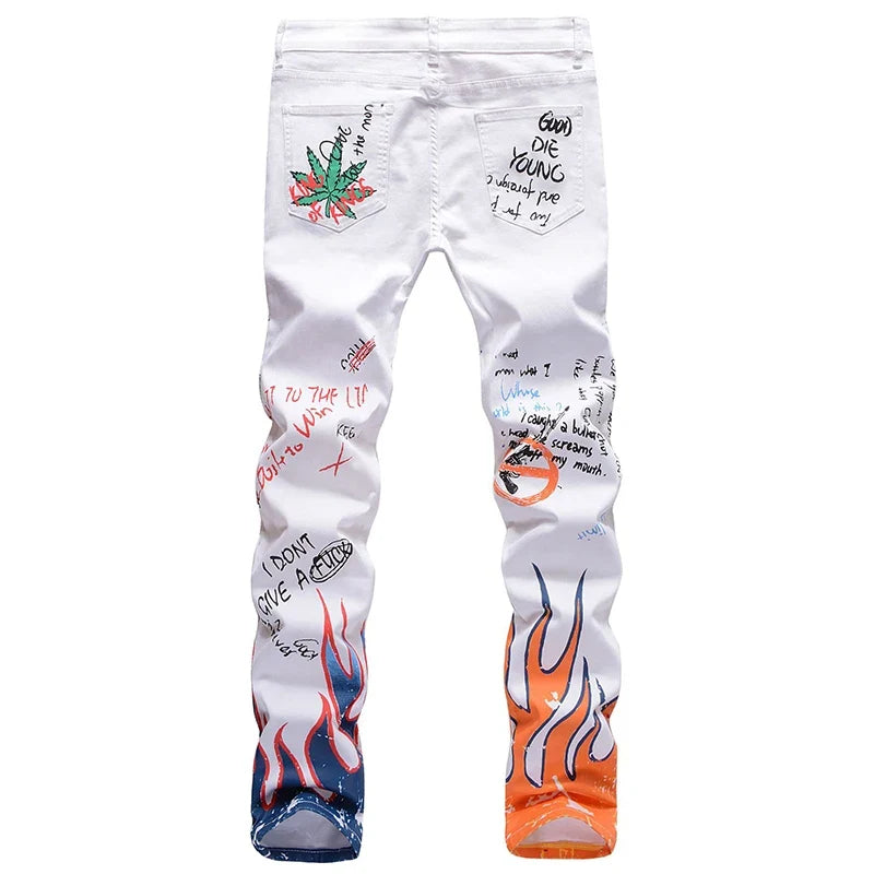Men's Fashion Letters Flame Black Printed Jeans Slim Straight Colored Painted Stretch Pants