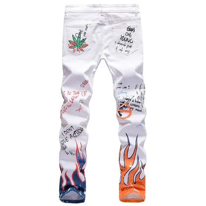 Men's Fashion Letters Flame Black Printed Jeans Slim Straight Colored Painted Stretch Pants