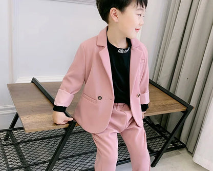 Teenager Boys Pink Black Jacket+Pants 2Pcs Clothing Set Gentleman Kids Formal Wedding Suit Children Performance Graduation Dress