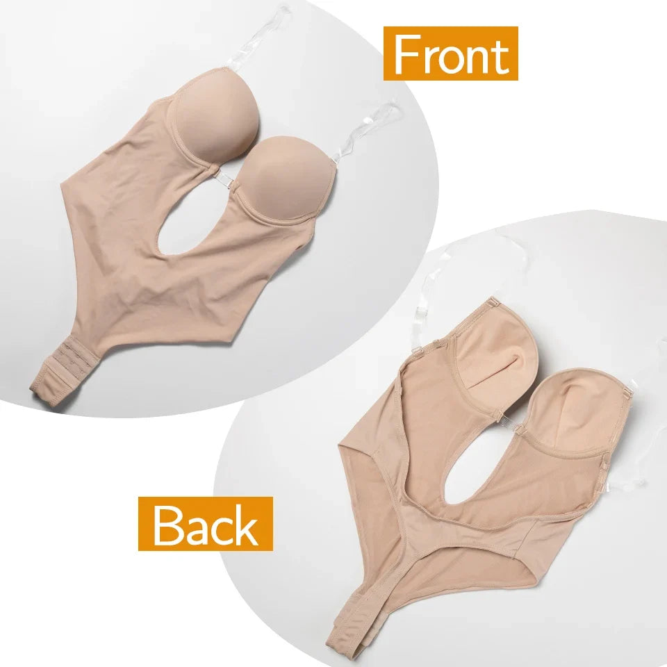 Backless Bodysuit Shapewear for Women Built-in Bra Multiple straps Thongs Body Shaper U Plunge Seam-free Faja with Open Crotch