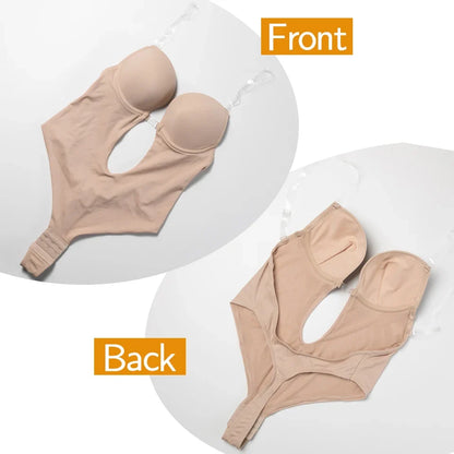 Backless Bodysuit Shapewear for Women Built-in Bra Multiple straps Thongs Body Shaper U Plunge Seam-free Faja with Open Crotch