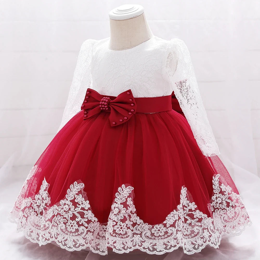 Long Sleeve Baby Girls Dress Newborn White Baptism Tulle Party Wedding 1st Birthday Princess Dresses Infant Girls Bow Prom Gown