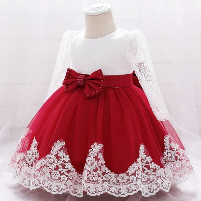 Long Sleeve Baby Girls Dress Newborn White Baptism Tulle Party Wedding 1st Birthday Princess Dresses Infant Girls Bow Prom Gown