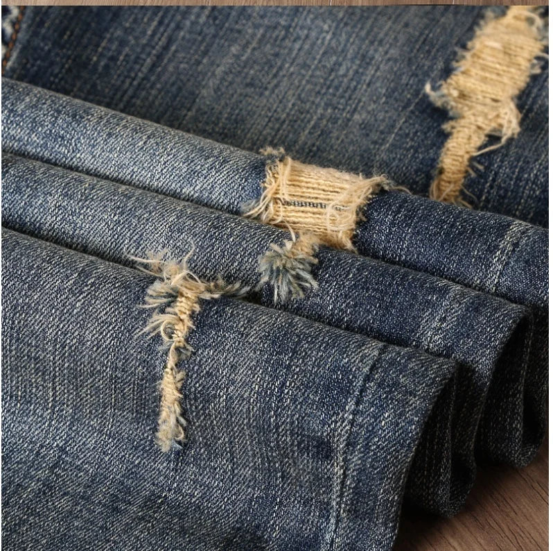 Indian Avatar Embroidered Jeans Men Scratch Long Cracks High Street Pants Soft Red Ears Blue Grey Slim 2020 Western Style