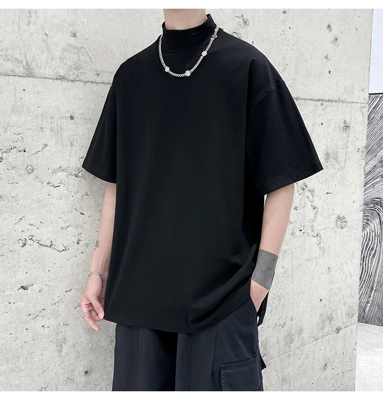 Streetwear Turtleneck Men Tshirt Solid Hip Hop Male Oversized T Shirts Man Casual Short Sleeve Top Tees Black/White/Purple