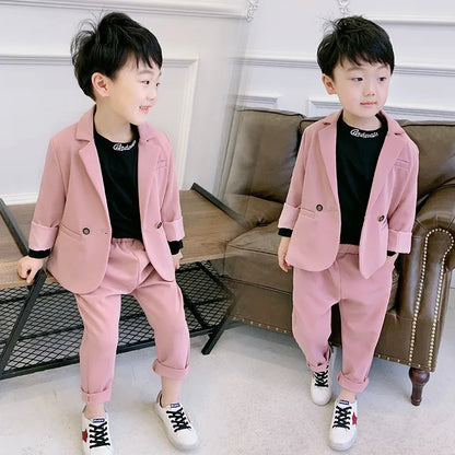 Teenager Boys Pink Black Jacket+Pants 2Pcs Clothing Set Gentleman Kids Formal Wedding Suit Children Performance Graduation Dress