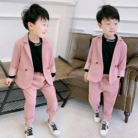 Teenager Boys Pink Black Jacket+Pants 2Pcs Clothing Set Gentleman Kids Formal Wedding Suit Children Performance Graduation Dress