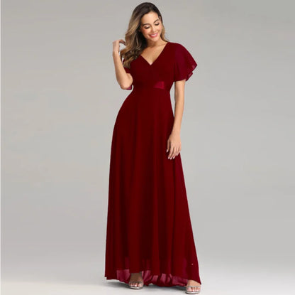 Evening Dresses Elegant V-Neck Ruffles Chiffon Formal Evening Gown  Robe Vestidos De Fiesta Dress for Wedding Party
