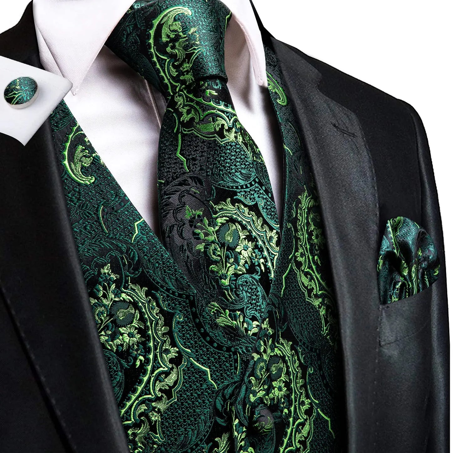 Luxury Mens Vests Black Gold Floral Jacquard Waistcoat Tie Hanky Cufflinks Brooch Set for Men Suit Wedding Office XL