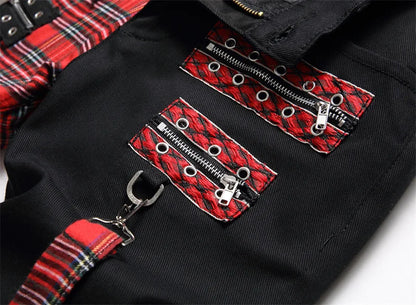 New Fashion Red Plaid Patchwork Punk Zipper Men Pencil Jeans Trousers Y2K Buckle Hip Hop Gothic Slim Denim Pants Pantaloni Uomo