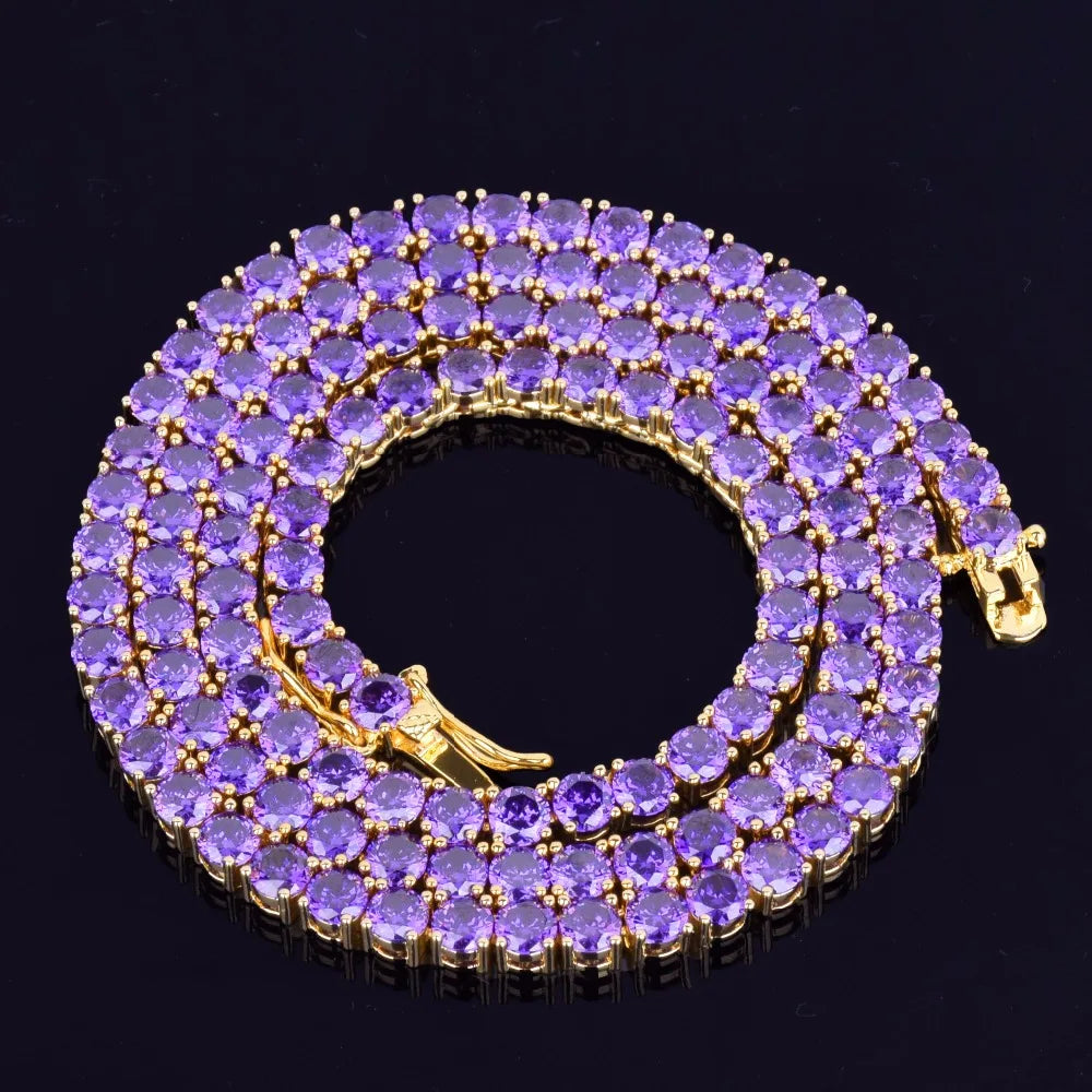 Purple Tennis Chain Necklace Hip Hop Rock Street Jewelry AAAAA Cubic Zirconia 24K Real Gold Color Plated