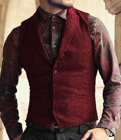 Men's Classic Suit Vest Herringbone Pattern Business Waistcoat Notch Lapel Wool Tweed Groomsmen Waistcoat For Wedding