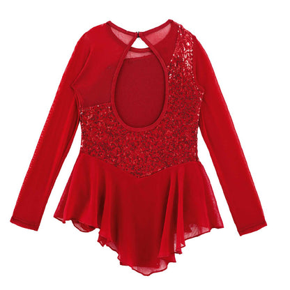 Girls Figure Ice Skating Dress Sparkly Sequin Gymnastics Dance Ballet Tutu Leotard Kids Long Sleeve Mesh Splice Dance Costume