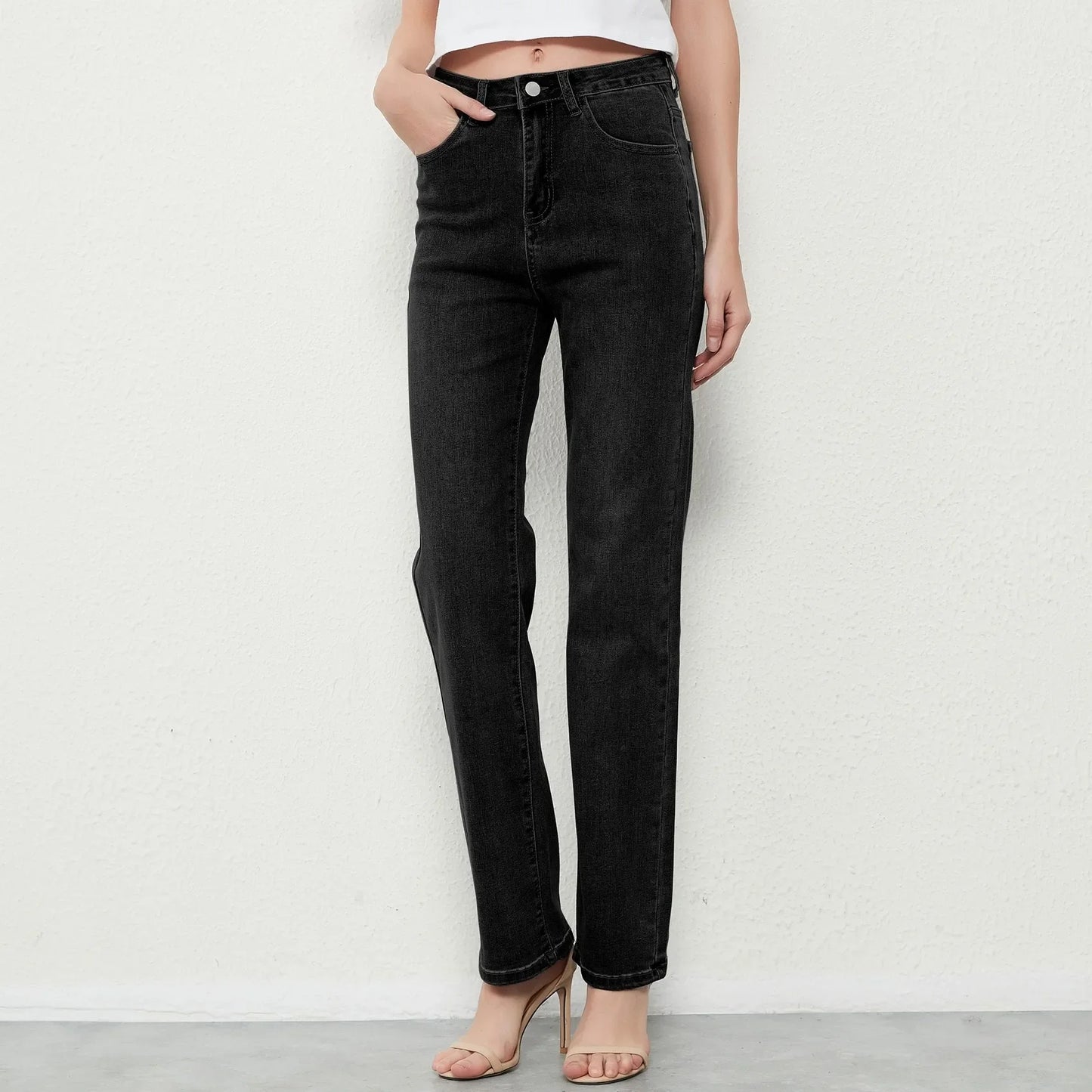 New Stretch Straight High Waist Jeans Women Vintage Baggy Full Length Long Denim Trousers Streetwear 2021 Jeans