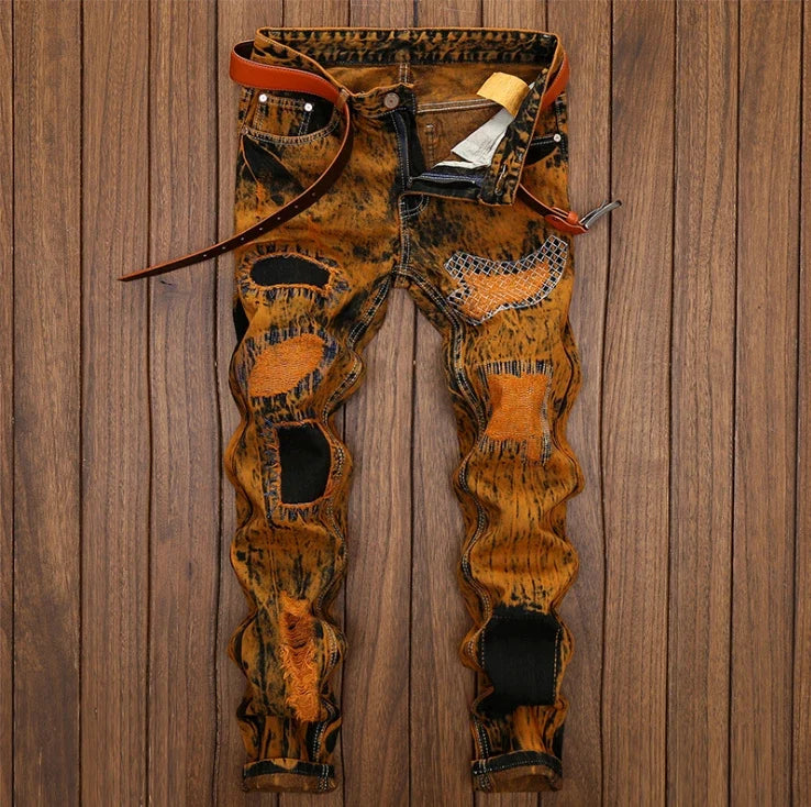 3D Black Patch Brown Jeans Men's High Street Pure Cotton Frayed Hole Fishing Net Decoration Elastic Comfortable Pants New