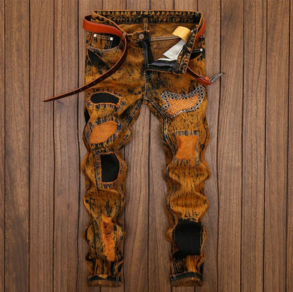3D Black Patch Brown Jeans Men's High Street Pure Cotton Frayed Hole Fishing Net Decoration Elastic Comfortable Pants New