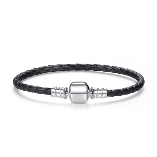 Véritable bracelet femme en cuir tressé rose et noir long avec fermoir serpent en argent sterling 925 PAS908