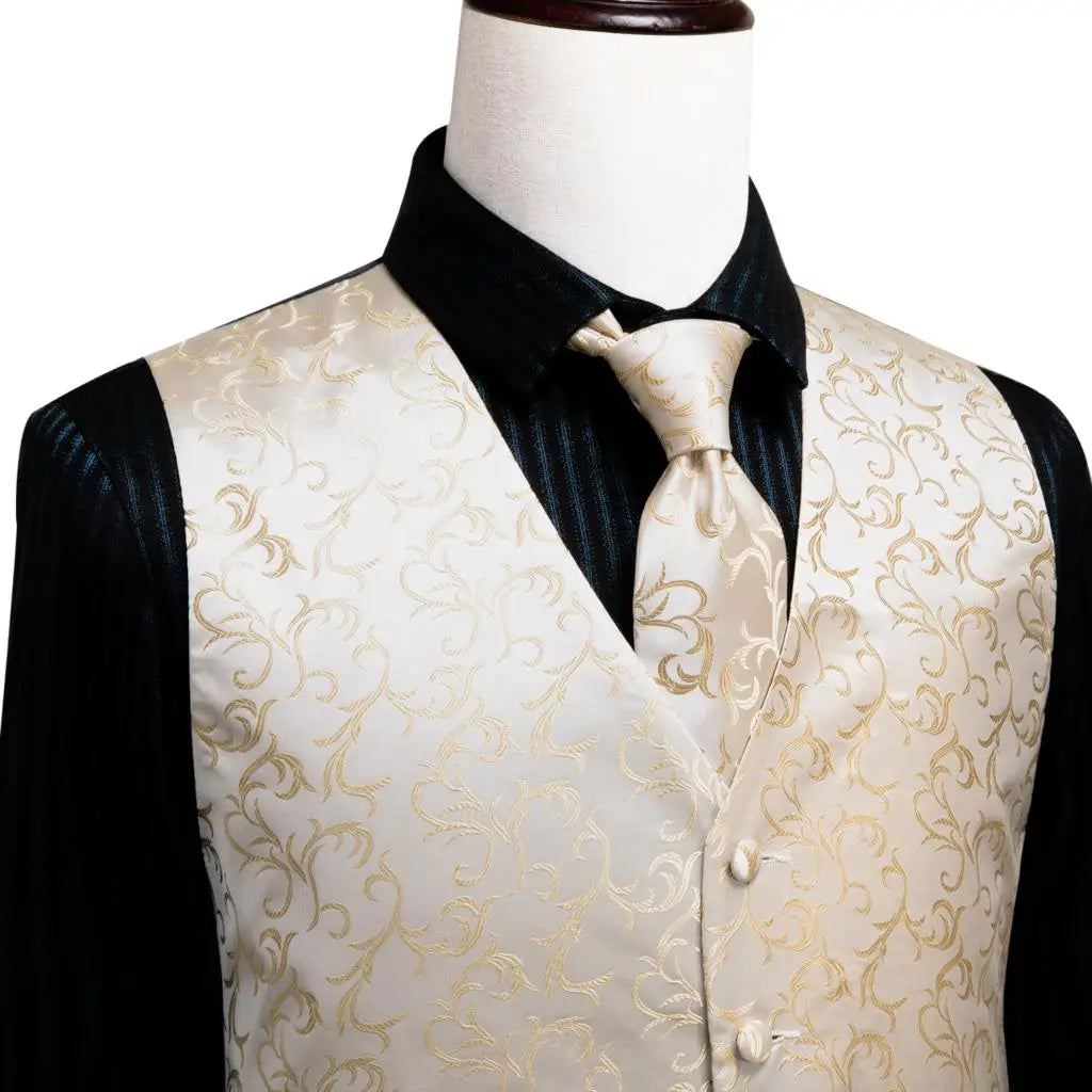 Silk Mens Vests Sleeveless Waist Jacket Jacquard Black Orange Floral Waistcoat Tie Hanky Cufflinks Set for Men Casual XXL