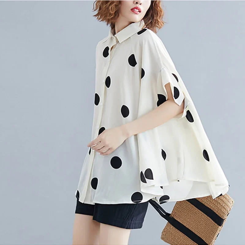 Black Vintage Polka Dot Print Blouse Women New Chiffon Lapel Short Sleeve Loose Casual Shirt Tops Fashion Summer Clothes 2026
