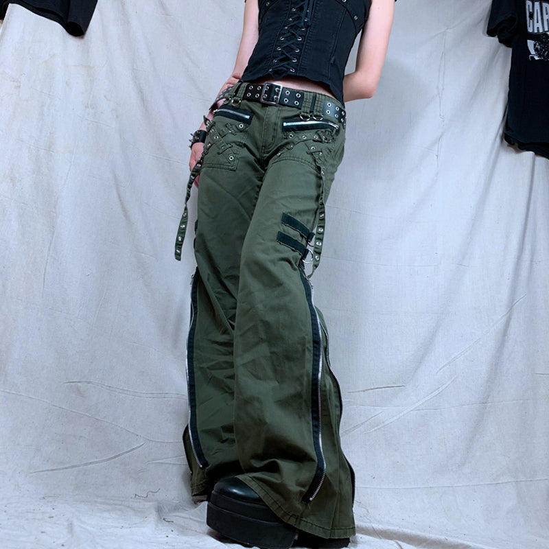 Women's Pants Gothic Punk Baggy Vintage Kawaii Trousers Bandage Low Waist Cargo Pants Grunge Green Zipper Jeans Korea Sweatpants