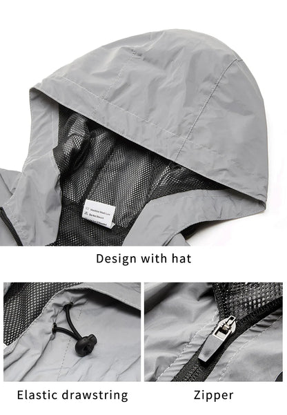 Full Reflective Jacket with Hoodie High Visibility Waterproof Wind Breaker Men Women Hiking Cycling Running Safety Vest