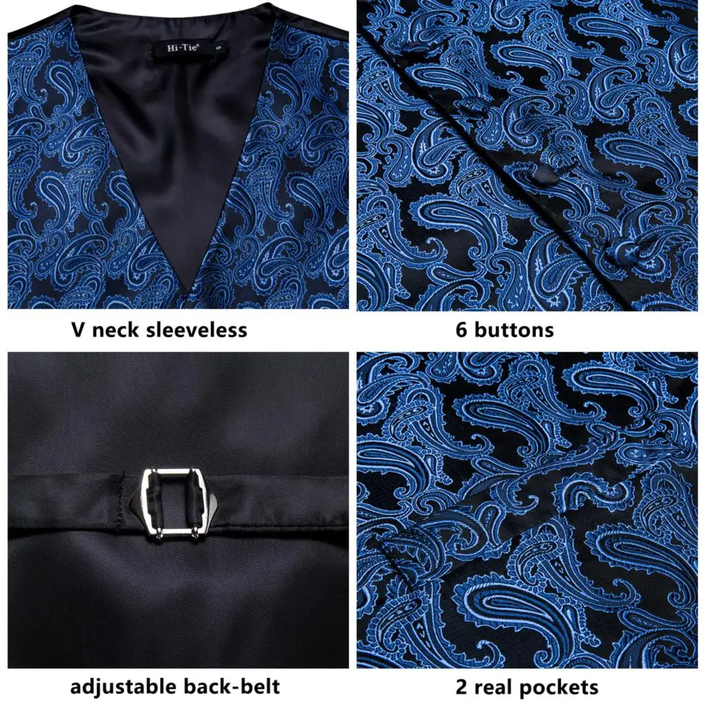 Navy Blue Mens Vest Formal Paisley Waistcoat Jacket Tie Handkerchief Cufflinks Set For Male Dress Suit Wedding Party