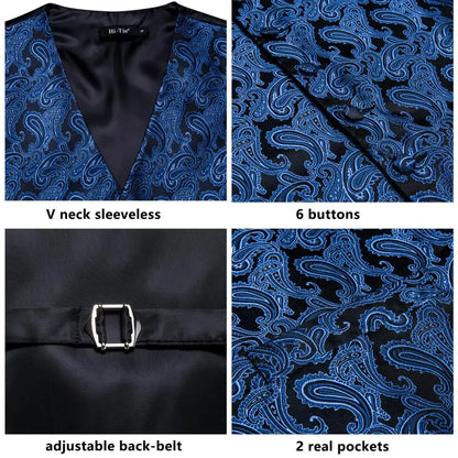 Navy Blue Mens Vest Formal Paisley Waistcoat Jacket Tie Handkerchief Cufflinks Set For Male Dress Suit Wedding Party