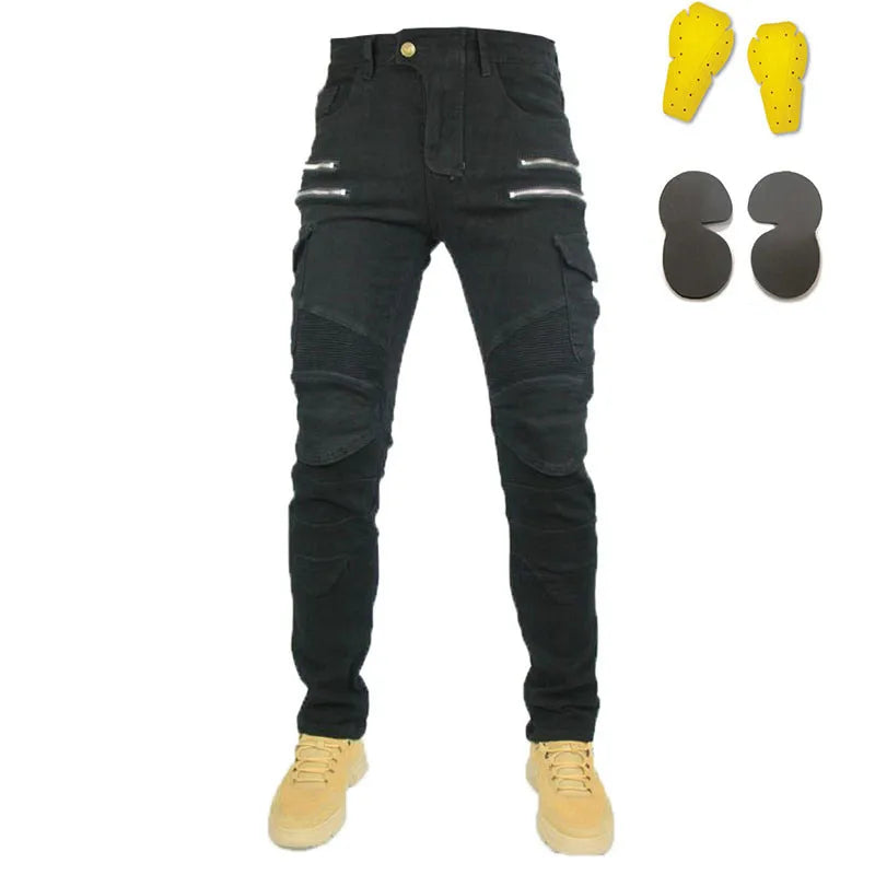 Double zipper Decoration Metal Style Motorcycle Leisure Motorcycle Men's Outdoor Riding Jeans Slim Pants With Protect Gears