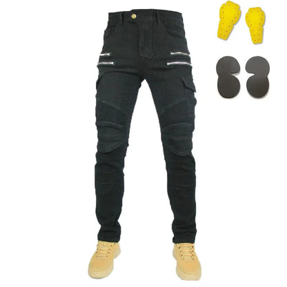 Double zipper Decoration Metal Style Motorcycle Leisure Motorcycle Men's Outdoor Riding Jeans Slim Pants With Protect Gears