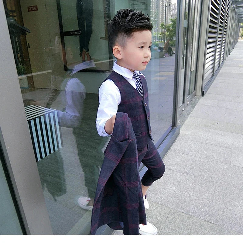 5Pcs Kids Boys Gentleman Suit Plaid Formal Attire Jacket Coat+Pants+T-Shirt+Vest+Tie Outfit Birthday Party Clothes