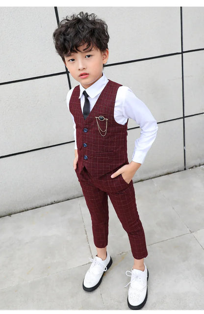 Boy Plaid Vest Blazer Kids Waistcoat Wedding Clothes Set Toddler Formal Dress Suit Child Brooch Shirt Pant Baby Gentlemen Outfit