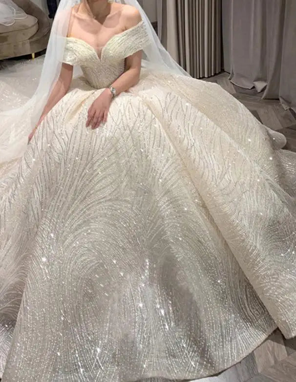 Cheap Wedding Dress Shiny Wedding Dress Classic Boat Neck Bridal Party Gown Vestido De Noiva Robe De Mariee Customized