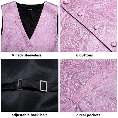 Luxury Silk Mens Vests Rose Gold Pink Striped Waistcoat Necktie Bowtie Hanky Cufflinks Set Waist Jacket For Men Wedding