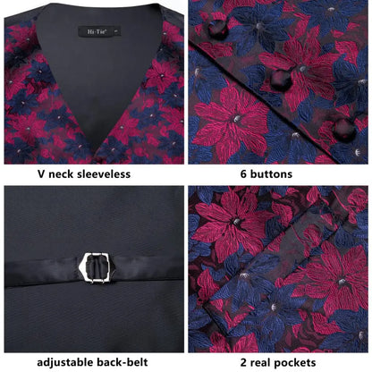 Silk Mens Vests Sleeveless Waist Jacket Jacquard Black Orange Floral Waistcoat Tie Hanky Cufflinks Set for Men Casual XXL