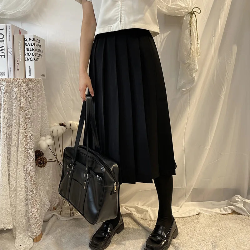 Women Skirt Elastic Waist Japanese Student Girls School Uniform Solid JK Pleated Skirt Short/Middle/Long Skirt A-Line Streetwear