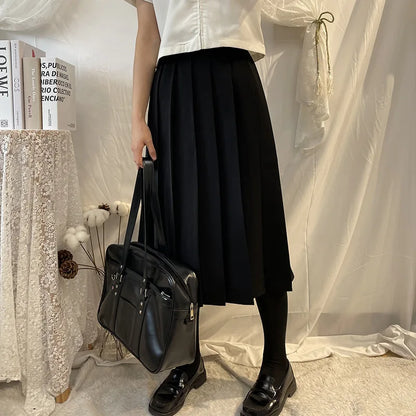 Women Skirt Elastic Waist Japanese Student Girls School Uniform Solid JK Pleated Skirt Short/Middle/Long Skirt A-Line Streetwear