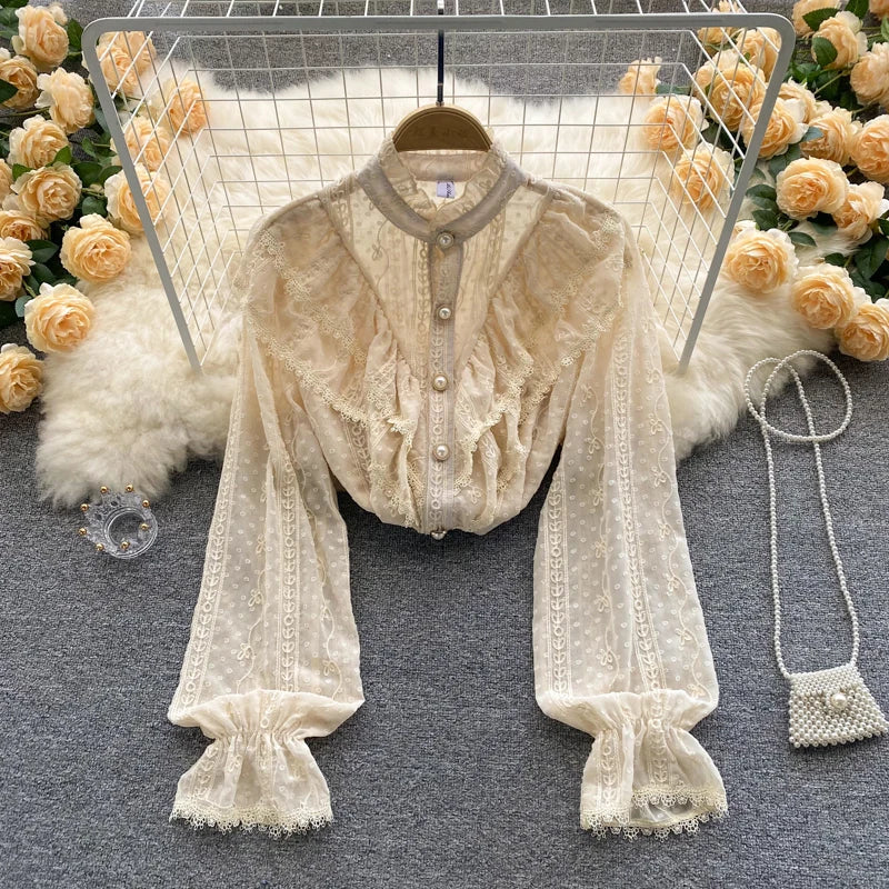 Elegant French Blouse Women Temperament Sweet Ruffles Loose Casual Tops Spring Long Sleeve Streetwear White Shirts