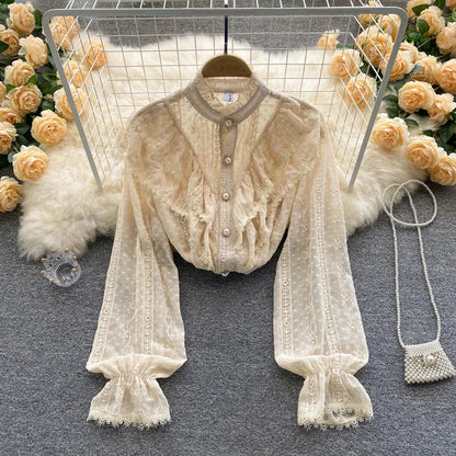 Elegant French Blouse Women Temperament Sweet Ruffles Loose Casual Tops Spring Long Sleeve Streetwear White Shirts