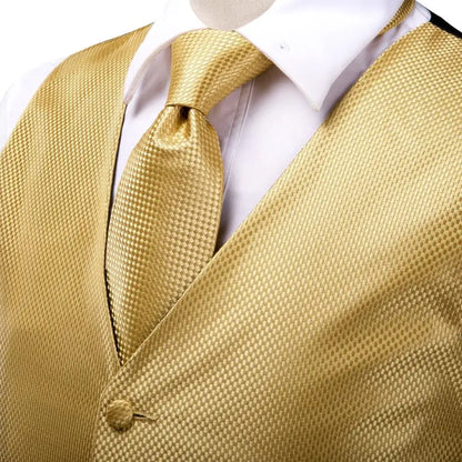 Jacquard Mens Suit Vests Gold Solid Plain 4PC Waistcoat Tie Hanky Cufflinks Set Business Wedding Dress Waist Jacket