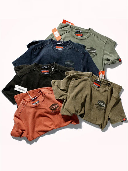 2023 Summer New American Street Short-sleeved O-neck Printed T-shirt Men's Fashion Pure Cotton Casual Washed Old Bottoming Tops