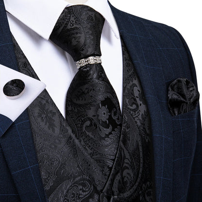 Classic Black Wedding Vest for Men Suit Vest Tie Ring Cufflinks Hanky Set for Party Formal Dress Business Casual Waistcoat