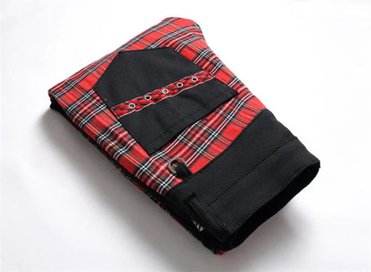 New Fashion Red Plaid Patchwork Punk Zipper Men Pencil Jeans Trousers Y2K Buckle Hip Hop Gothic Slim Denim Pants Pantaloni Uomo