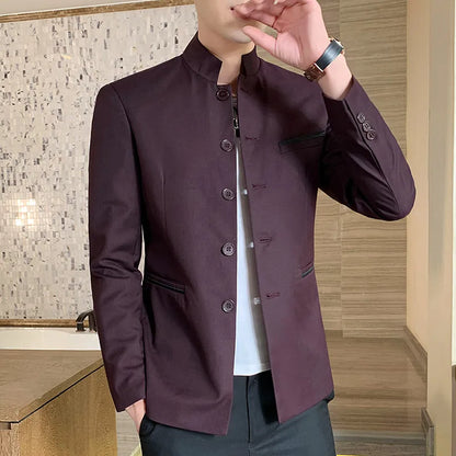 2026 New Men's Black Blazers Coat, Masculino Single Breasted Stand Up Collar Men Long-Sleeved Terno Jacket, Blue Red Overcoat